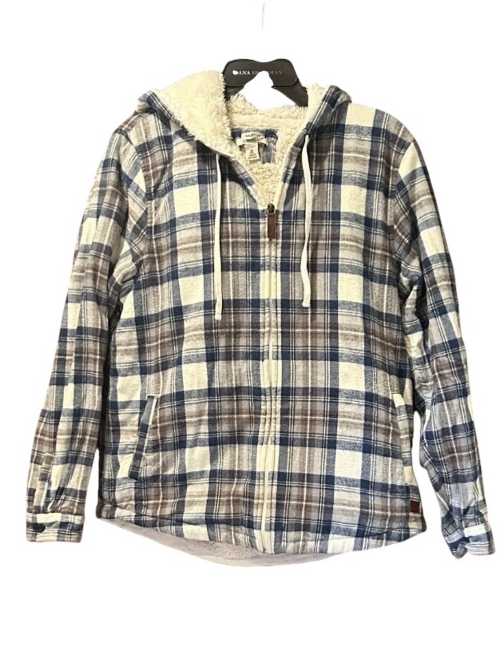 L.L. Bean Women Scotch Blue Tartan Plaid‎ Flannel Sherpa-Lined Zip Hoodie Medium